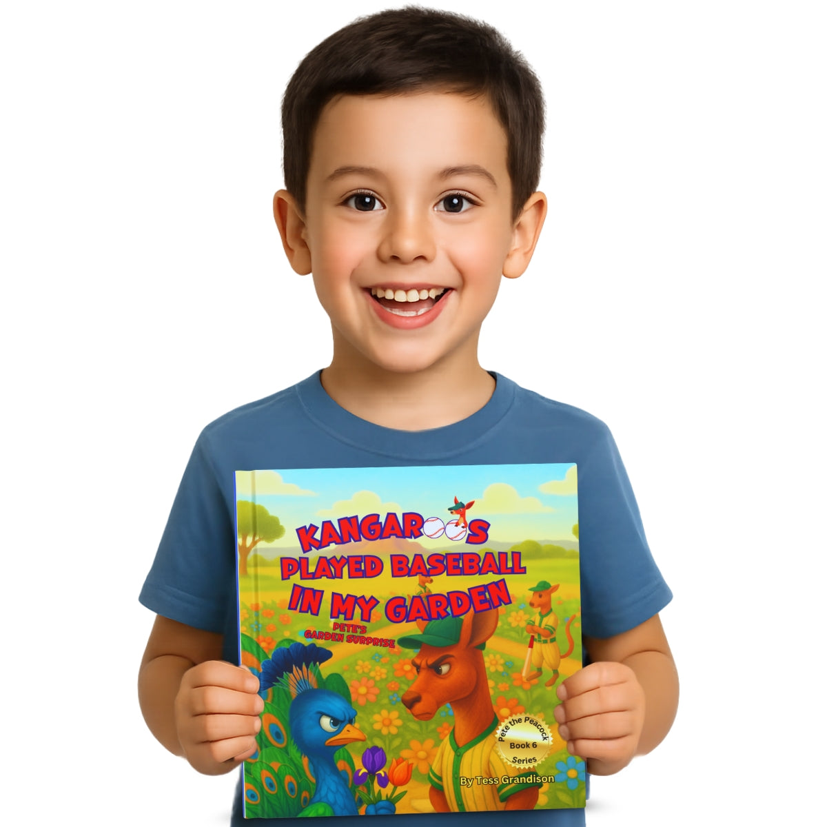 Child holding the hardcover book 'Kangaroo Played Baseball in My Garden' with a colorful cover featuring kangaroos and animals. Book by Tess Grandison